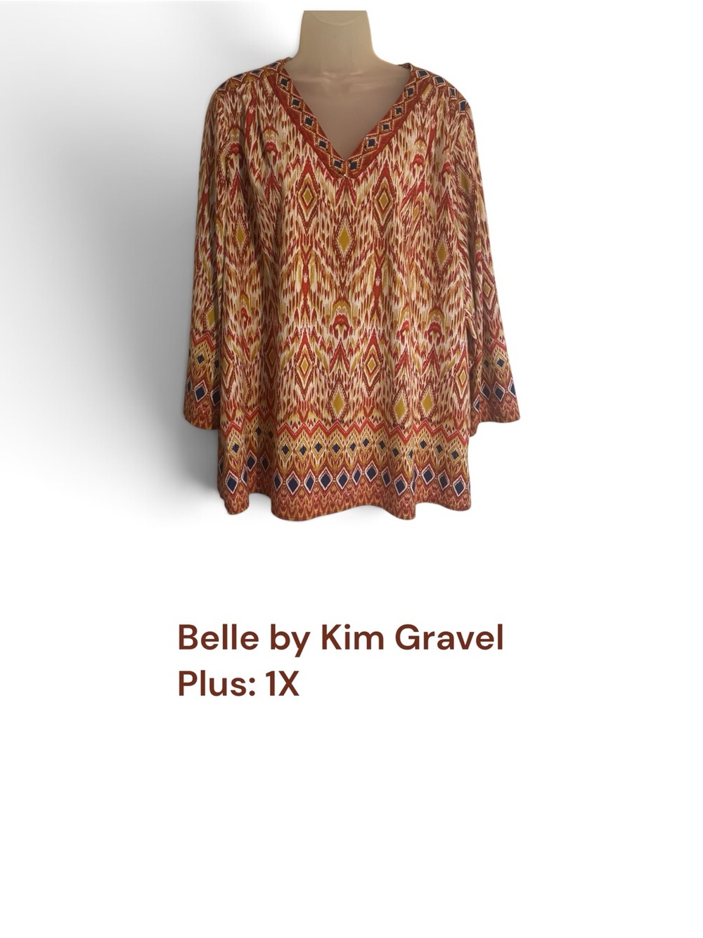 Belle by Kim Gravel V-Neck Printed Tunic - Red, Mustard, Navy